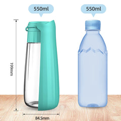 A portable 550ml dog water bottle with a foldable bowl attachment, measuring 199mm by 84.5mm.