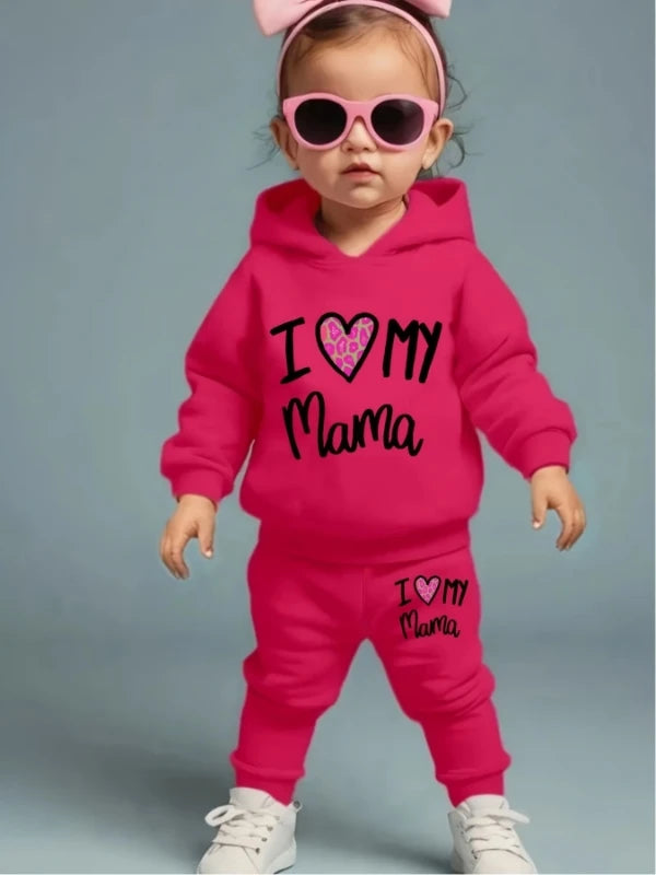 Baby girl fleece hooded sweatshirt and pants set with letter print by Showlu Fashion Store, soft and cozy for little ones.