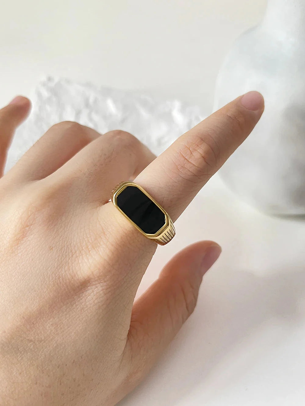 Gold plated stainless steel Peri'sBox mother of pearl rectangle ring with elegant design, showcasing luxurious jewelry style.