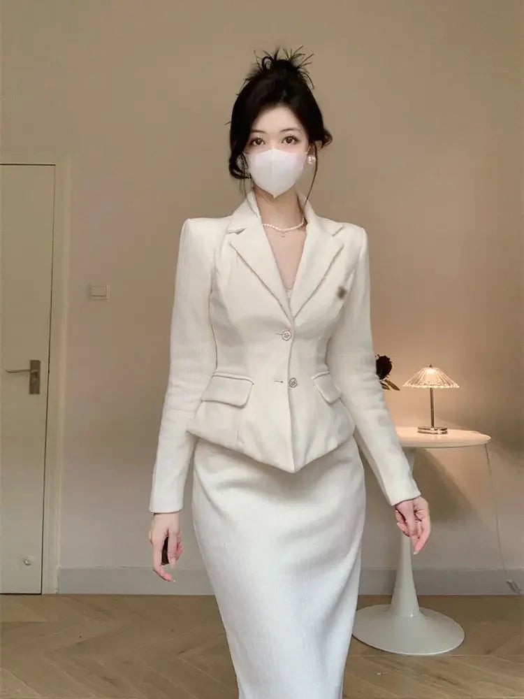 UNXX Autumn/winter Fragrance Style Short Waist Suit Jacket Hip Overskirt  Retro Single-breasted Coat Skirt Two-piece Set Woman's
