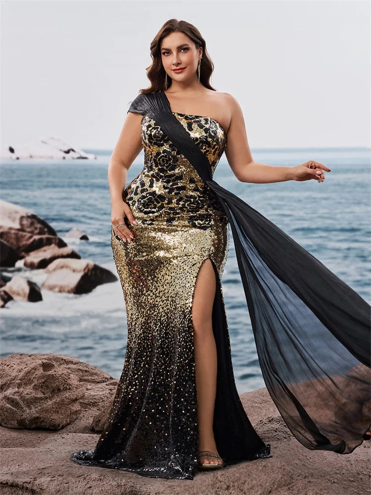 Elegant plus size off-shoulder evening dress by Showlu Fashion, sleeveless mermaid gown with luxurious slit and ribbon details.