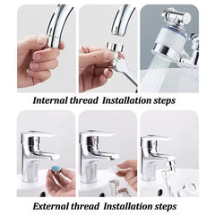 A universal 1080-degree rotating faucet nozzle shown with internal and external installation steps.