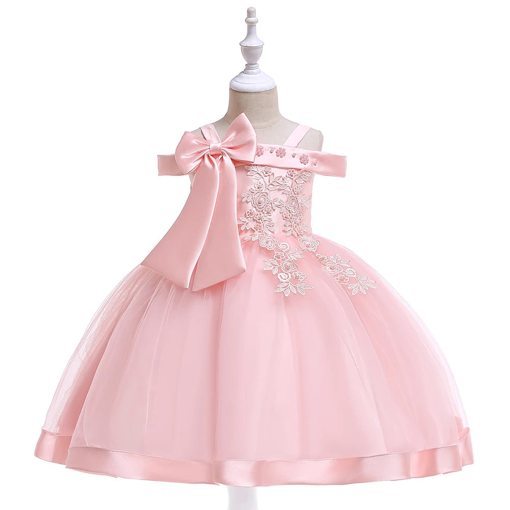 Showlu Fashion Store girls' elegant bow flower party dress with tulle skirt, perfect for weddings, birthdays, and special occasions.