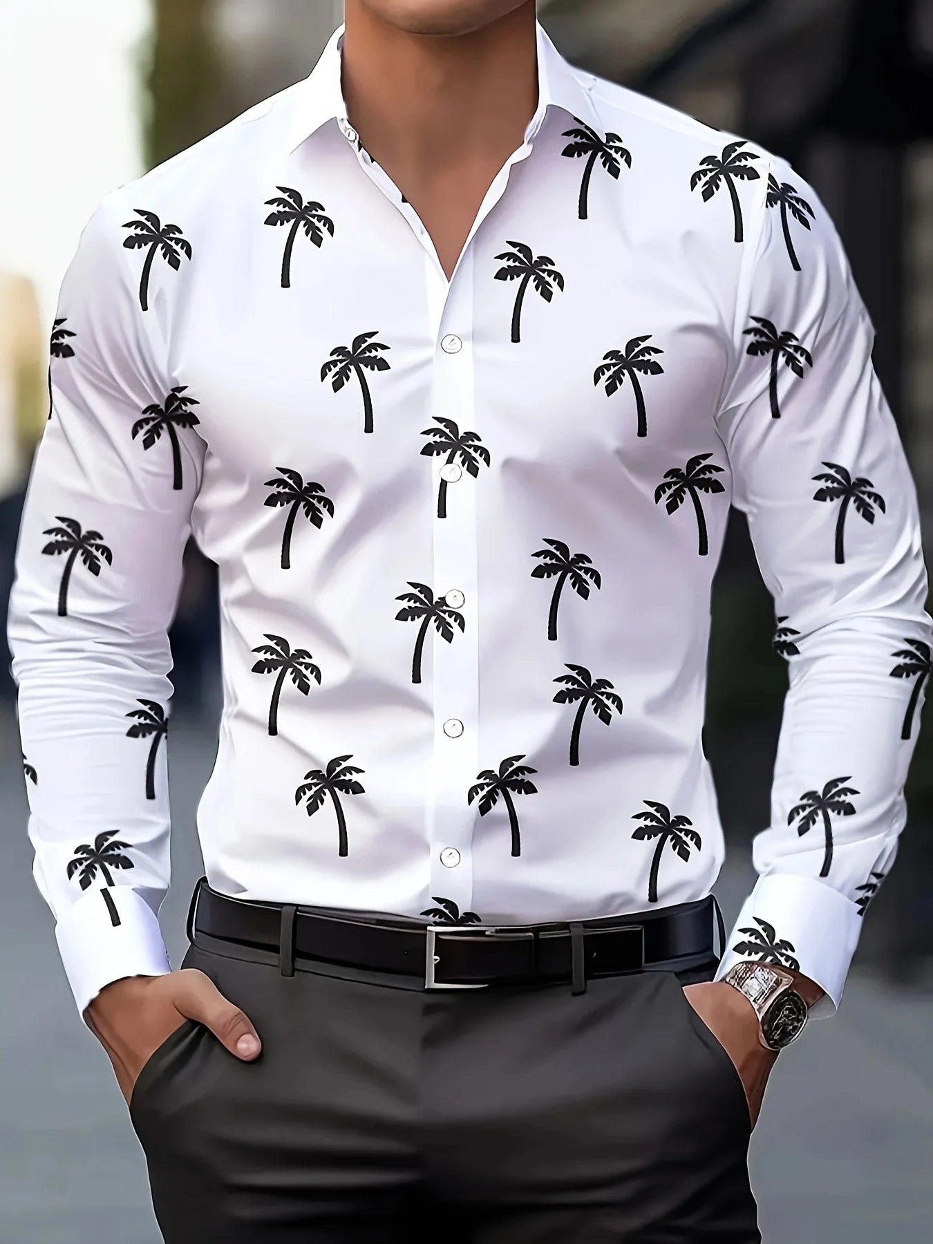 Men's stylish casual long sleeve shirt with gradient design, breathable fabric, turn-down collar, ideal for business or casual wear.