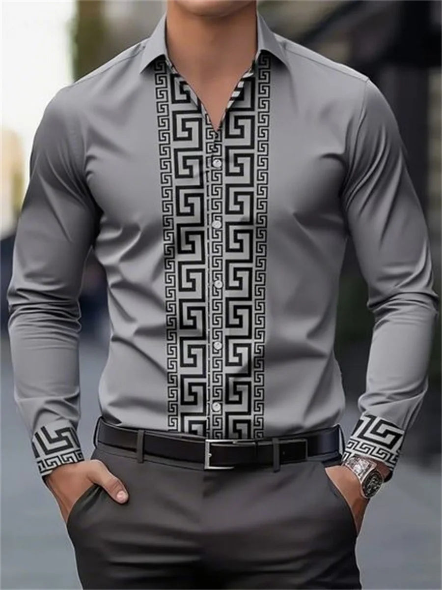 Men's patterned long-sleeved shirt with lapel buttons, stylish casual top by Showlu Fashion Store, versatile and comfortable men's shirt.