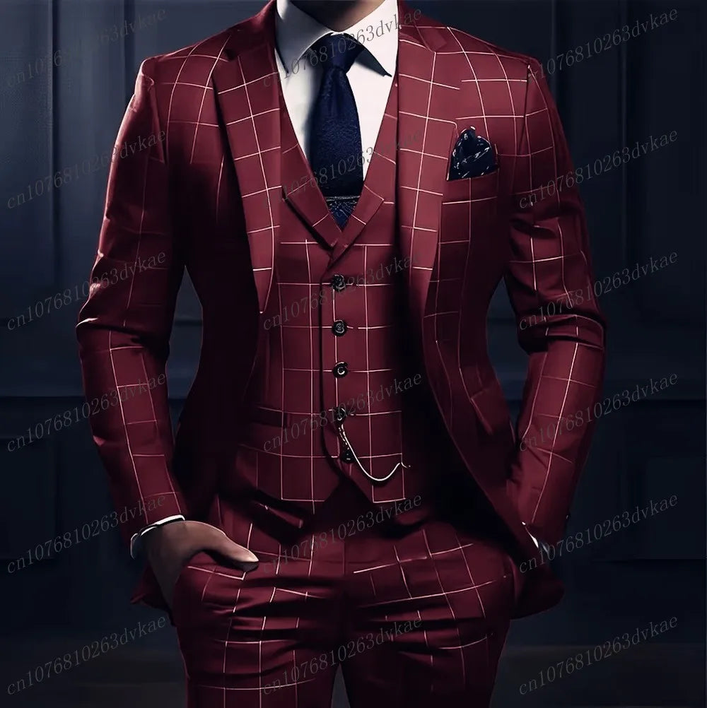 Navy blue men's plaid suit with blazer, vest, and pants, perfect for grooms, formal events, or business occasions.
