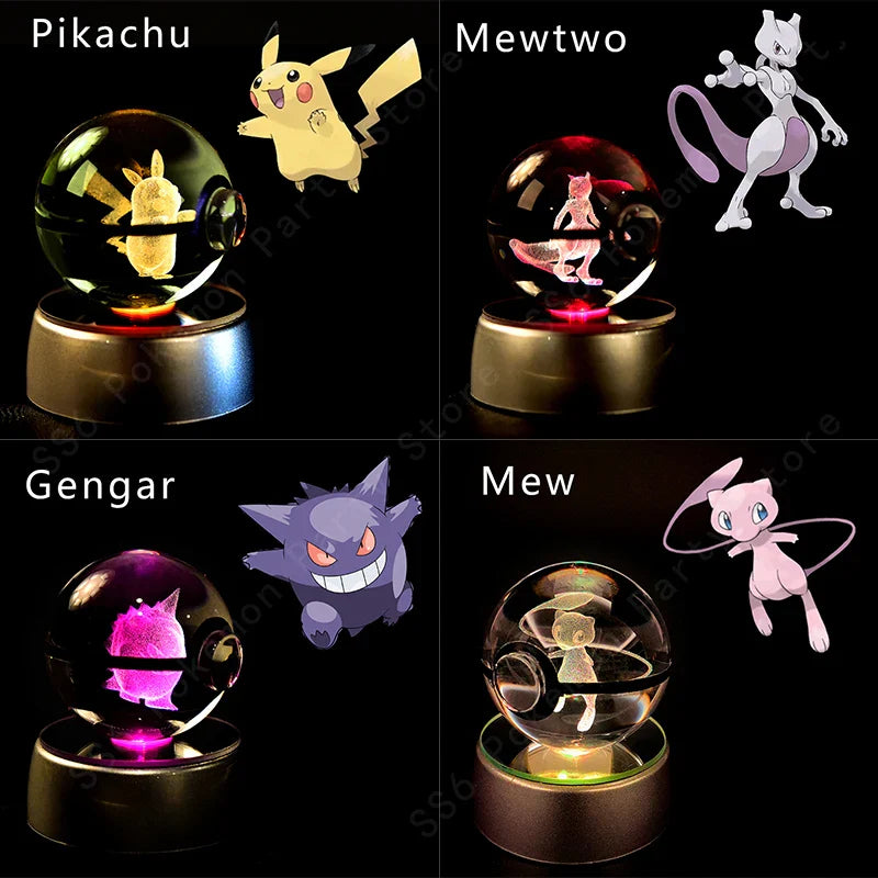 SHOWLU FASHION STORE Miniso Pokemon 3D Crystal Ball Night Light, LED glass Pokeball lamp illuminating with colorful glow.