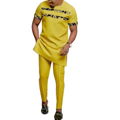 African Fashion Yellow Men's Set Outfits Short Sleeve Tops Patch Trousers Nigerian Print Male Pant Suits Party Wear Customized