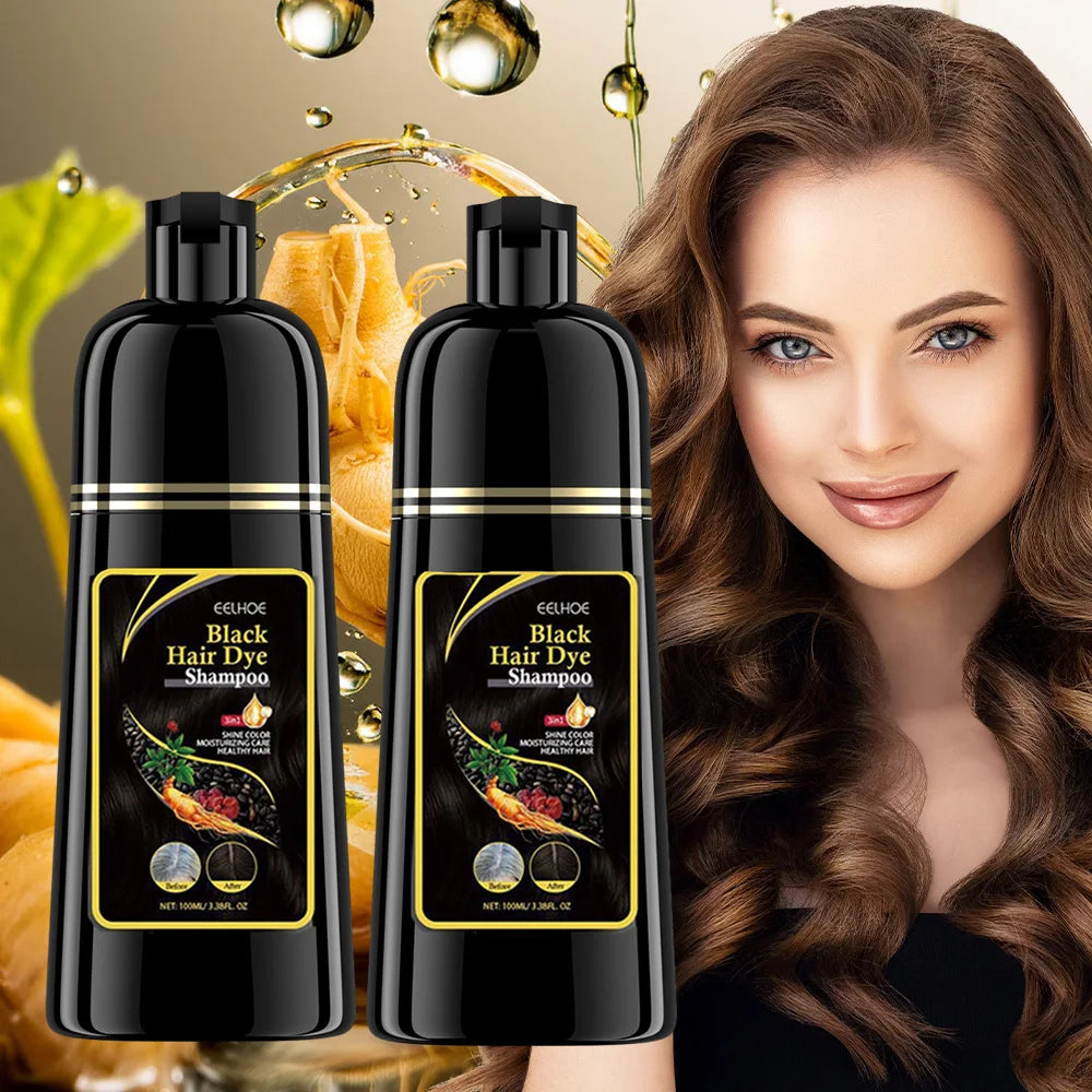 Eelhoe 3-in-1 black hair dye shampoo with herbal repair for gray hair, shown in two bottles, designed for natural hair coloring.