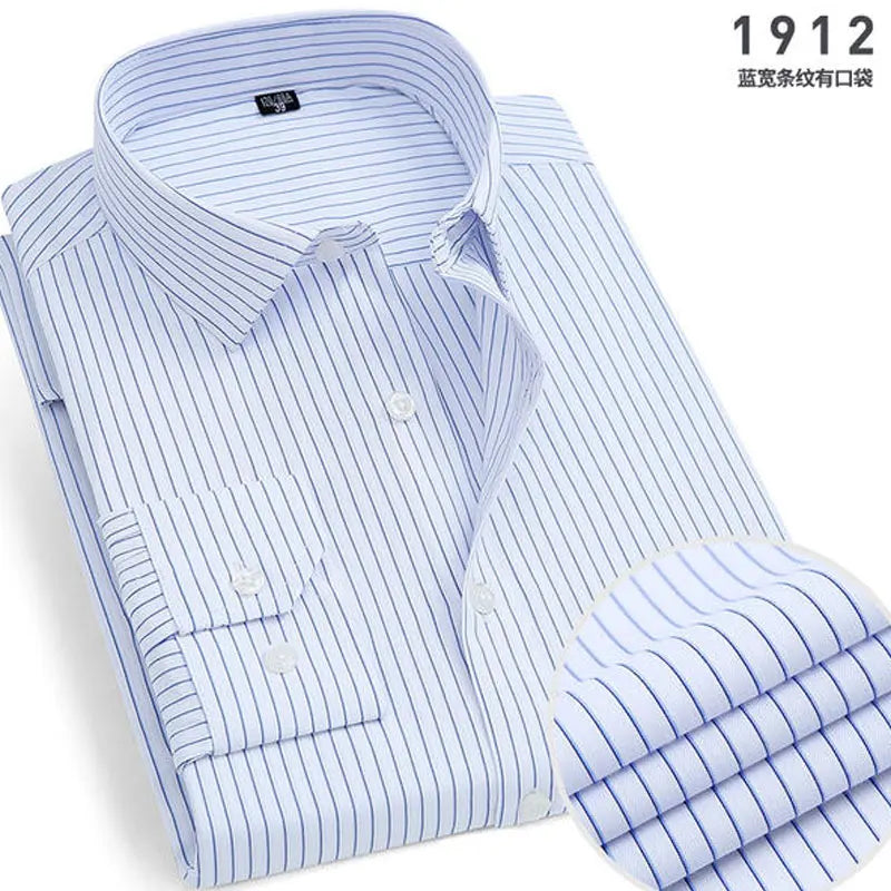 Men's striped long-sleeved spring shirt by Showlu Fashion, non-ironing, breathable, slim fit, business casual style.