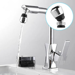 A chrome 360-degree rotary faucet nozzle with an anti-splash filter attached to a kitchen tap.