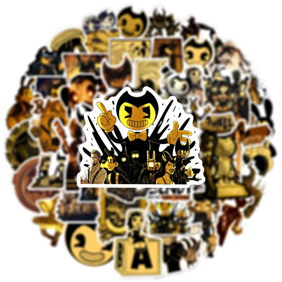 Set of 50 waterproof vinyl Bendy and The Dark Revival horror game stickers featuring dark-themed characters and artwork.