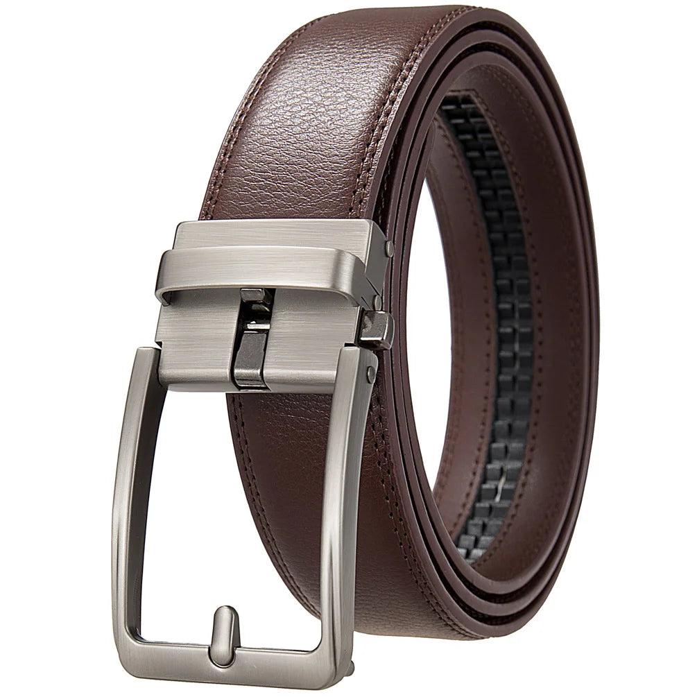 Men's leather belt with automatic buckle in black or brown cowskin, 3.5cm wide, luxury designer style by Showlu Fashion.
