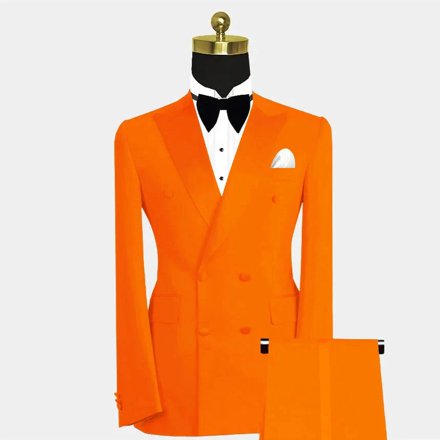 Showlu Men's blue double-breasted slim fit formal suit set, two-piece with jacket and trousers, tailored men's fashion image
