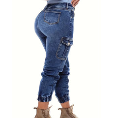 Women's Distressed Stretch Cropped Denim Jeans-Fashionable Elastic Cuff, Multi-Pocket Casual Cargo Pants Sporty Wear Jeans T16