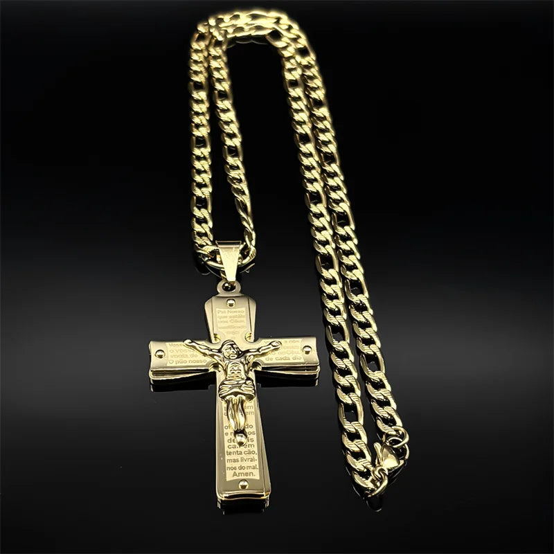 Gold stainless steel Christian Jesus cross crucifix necklace with chain, featuring a detailed religious pendant.