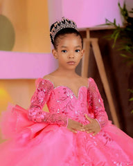 Customized Pink Flower Girl Dresses Children Birthday Dress Illusion Sheer Neck Long Sleeves Beaded Lace Princess Ball Gowns