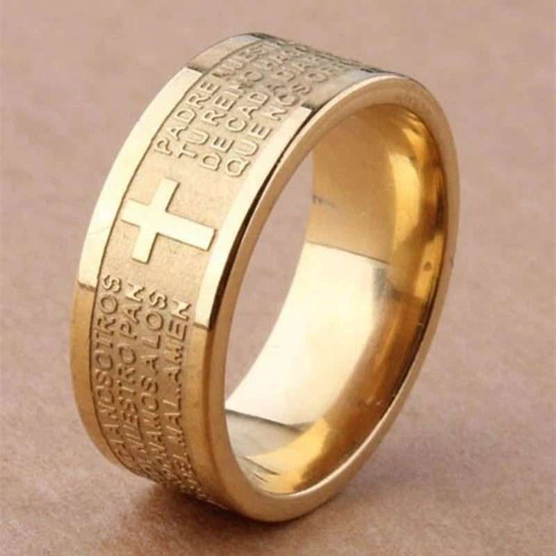 Unisex Mango Sky Titanium Steel Christian Cross Bible Ring with 8mm band, featuring a sleek, modern design.