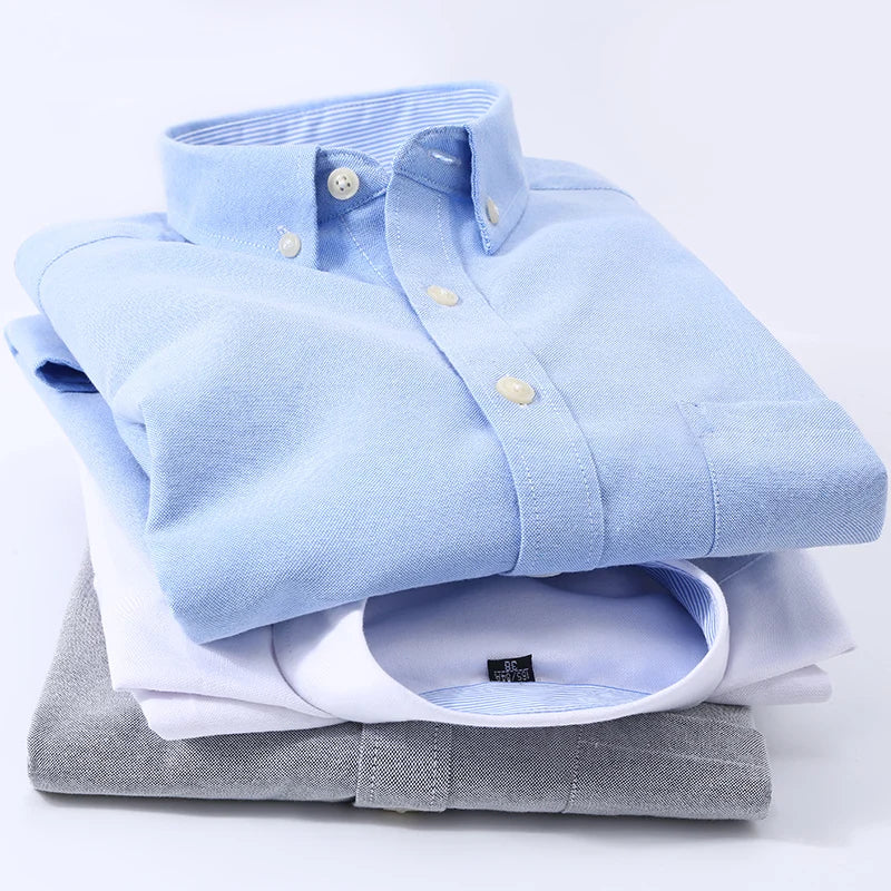 Showlu Men's slim fit oxford shirt with long sleeves, non-iron casual top, navy blue fabric, button-up style, tailored fit