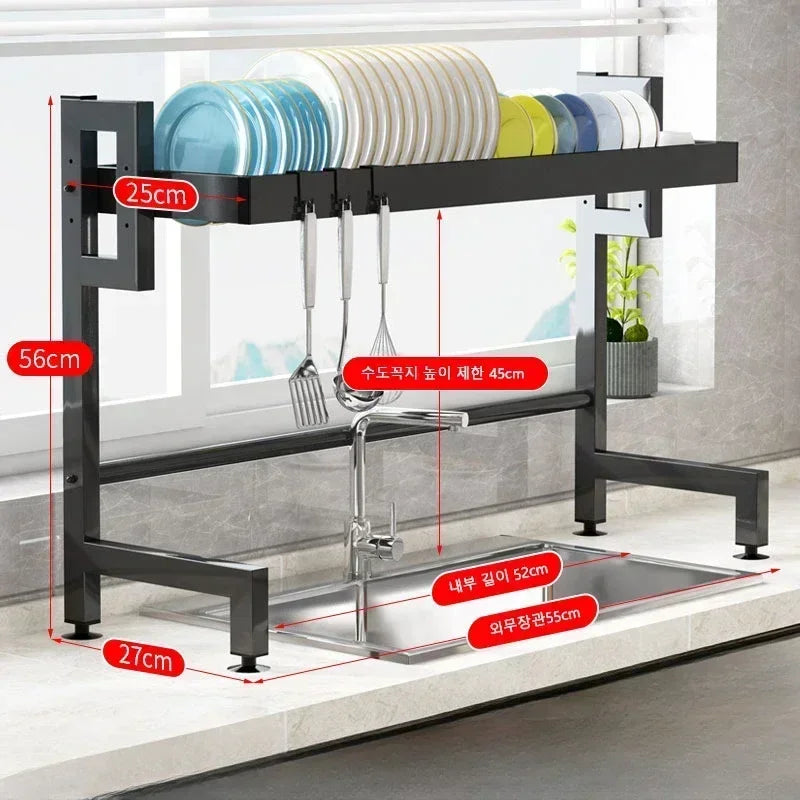 Showlu stainless steel over sink dish drying rack with scalable organizer for efficient kitchen dish drying and storage.