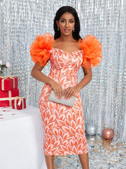 Tulle Flower Dresses Women Party Evening Ruffles Short Sleeve Retro Vintage Midi Event African Gowns Printed Outfits 2024