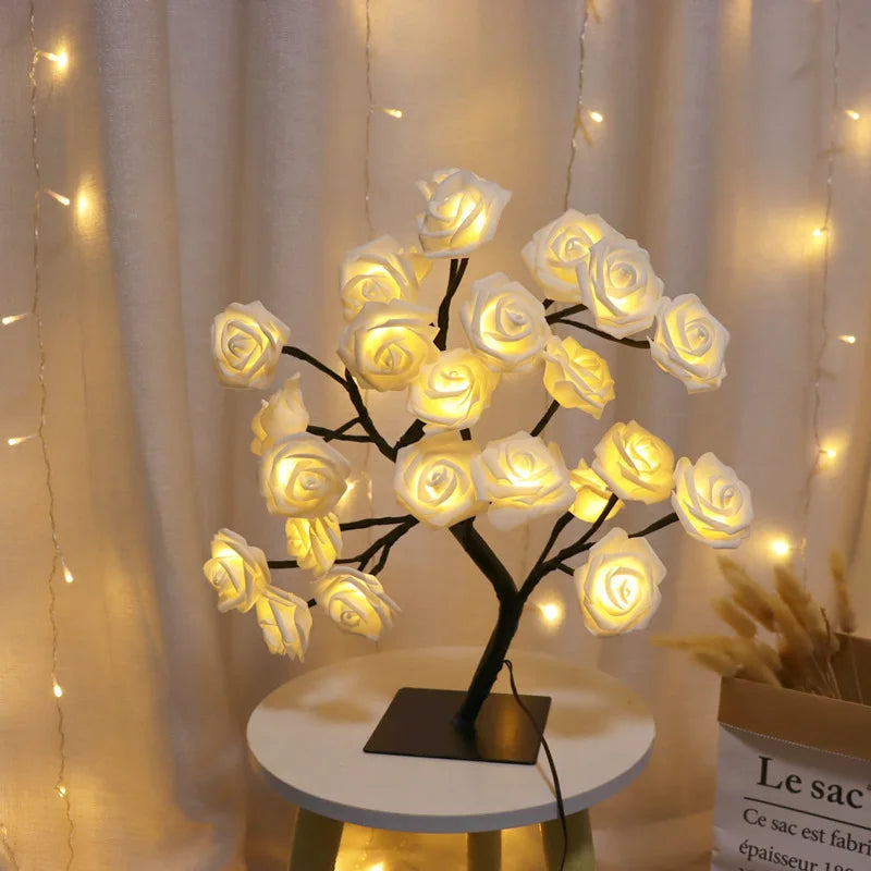 USB-powered LED rose tree lamp for night decor, with blooming flower design, ideal as a gentle floral night light.
