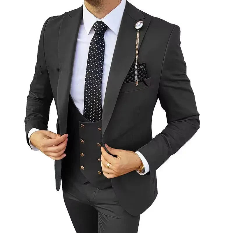 Kromoc men's 3-piece slim fit wedding suit with wool blend fabric and peak lapel tuxedo, shown in a stylish formal setting