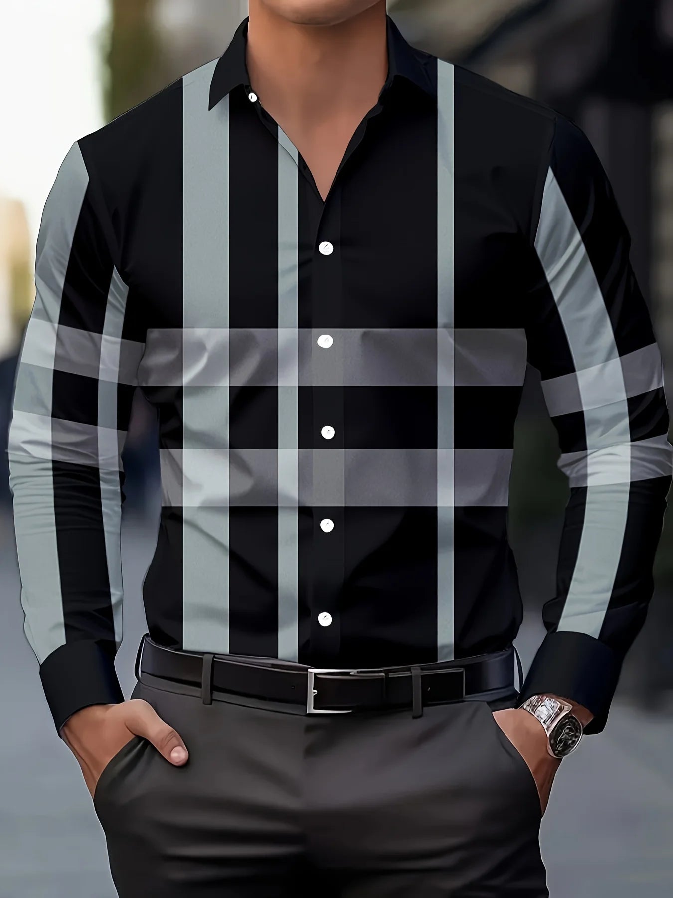 Men's checked long-sleeved casual button-up shirt with high-end striped design, fitted style, from Showlu Fashion Store.