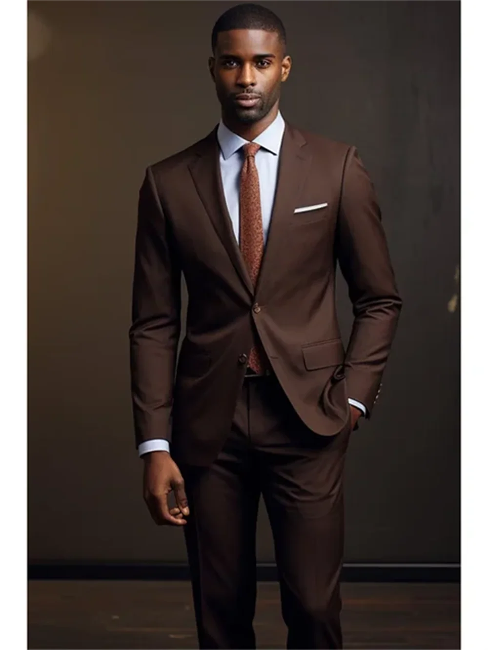 Dark brown men's suit set by Showlu Fashion with single-breasted notch lapel, slim fit, ideal for formal, office, or wedding occasions.