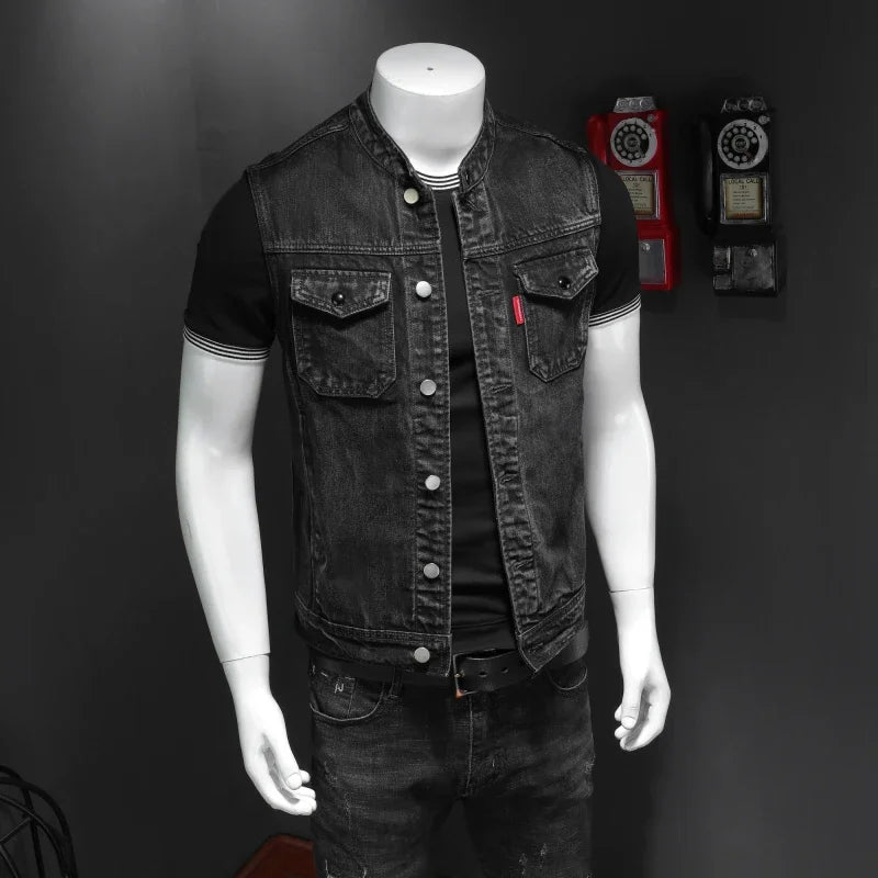 New High Quality Fall on The New Fashion Handsome Trend Everything Black Stand Collar Large Size Cowboy Vest Man   Vest for Men SHOWLU FASHION STORE