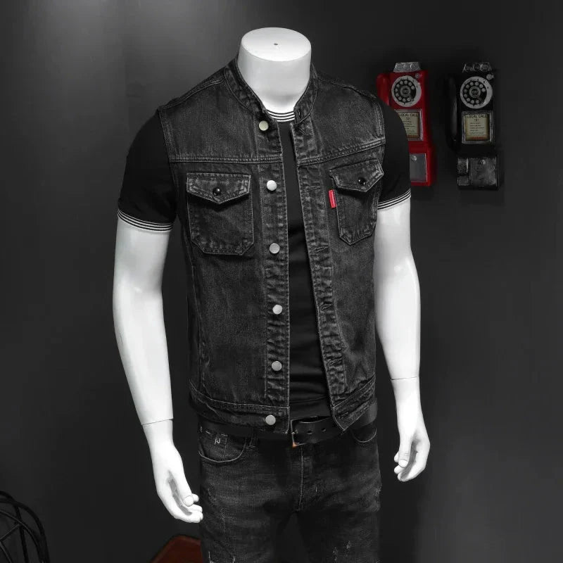 Men's black denim vest from SHOWLU FASHION STORE featuring a casual design, cotton blend fabric, stand collar, and waistcoat style.