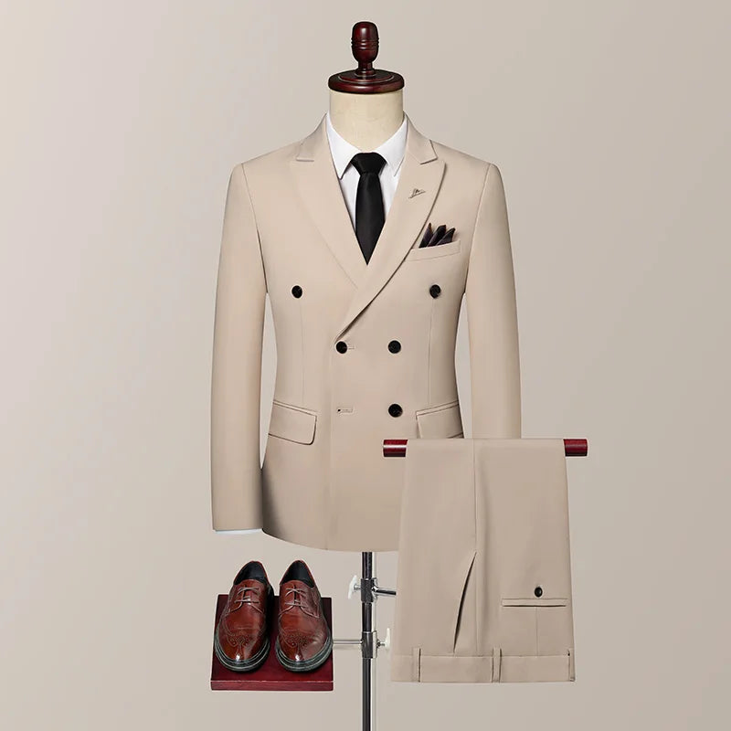 SHOWLU men's slim fit double-breasted 3-piece wedding suit set, featuring jacket, vest, and trousers in classic style.