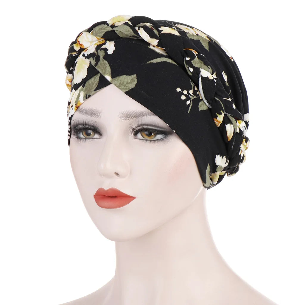 European and American print leopard silk scarf hat with floral accents, short braid, and Muslim hijab style for women.
