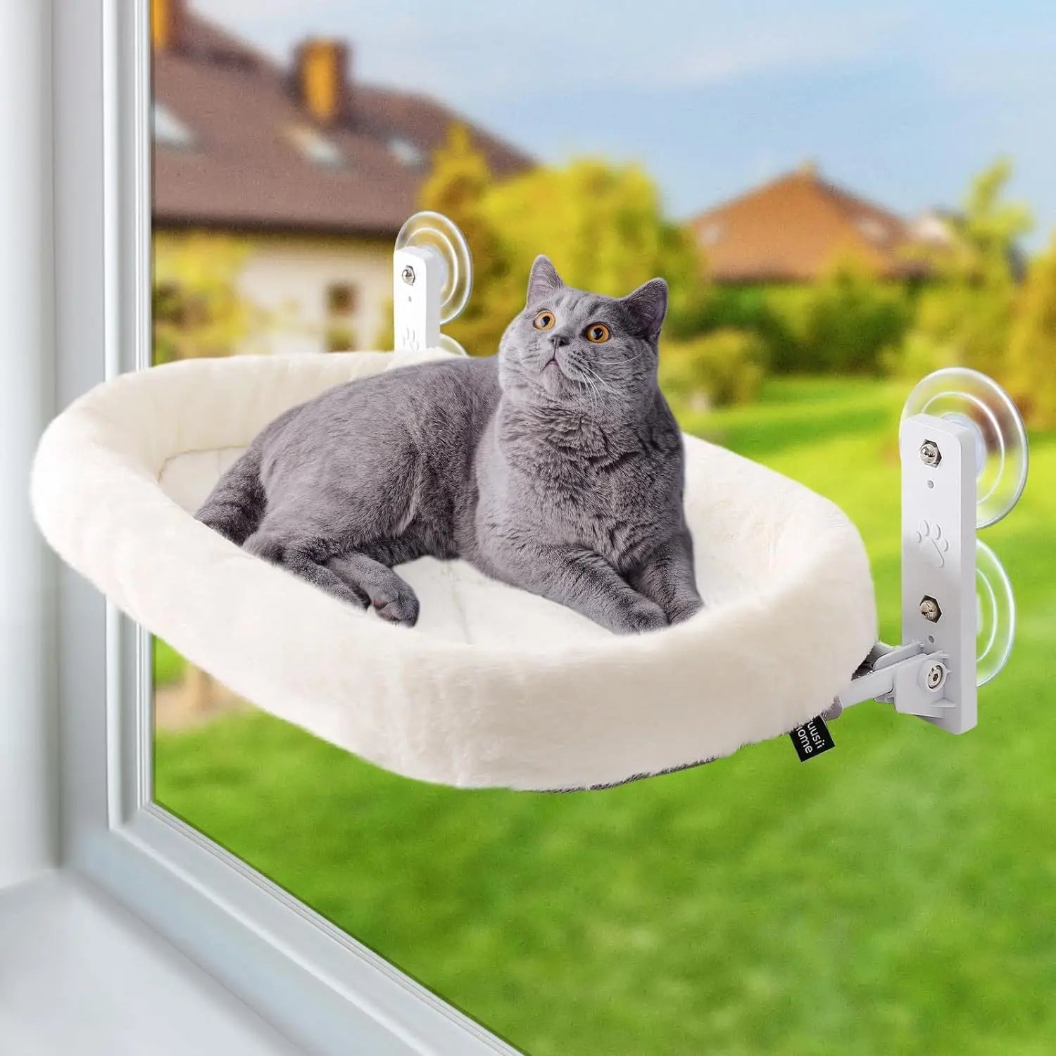 Showlu Plush Cat Window Hammock with suction cups, sunbathing hanging bed for cats, soft plush material, secure window attachment