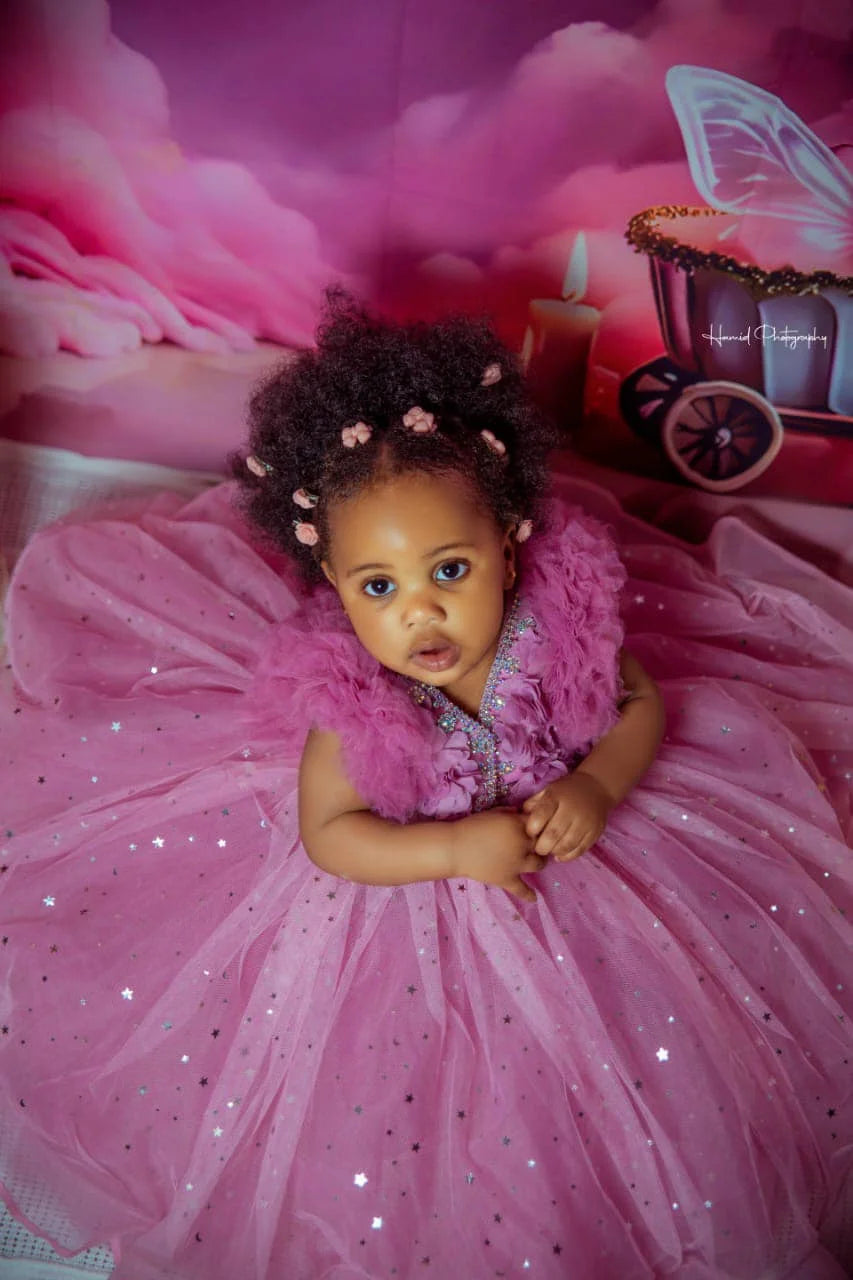 Dusty Pink Girls Birthday Party Dress Customized Tulle Flower Girl Dresses Short Sleeve Princess Queen Ball Gown for Photoshoot