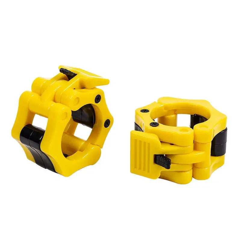 Showlu Fashion Store barbell clamps with quick release spin lock for weightlifting and strength training, shown on a weight bar.