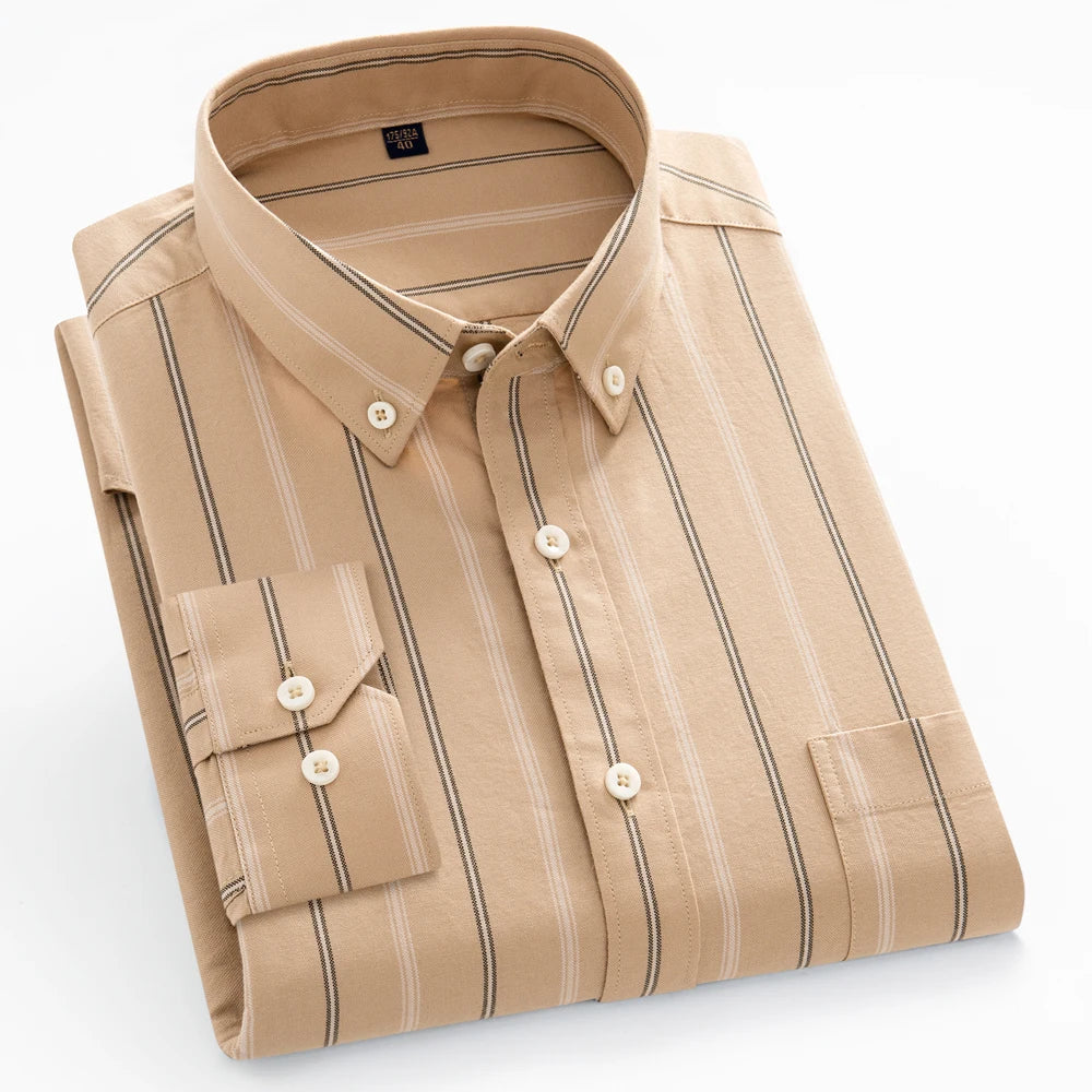 Men's plaid striped dress shirt by Showlu Fashion Store, long sleeve cotton shirt suitable for casual or light business wear.