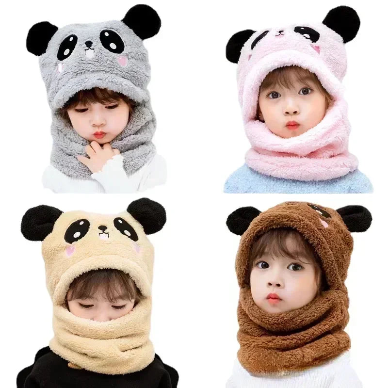 Kids' cartoon fleece winter hat with thick scarf, warm cap for children from newborn to 18 years, featuring playful design and cozy material.