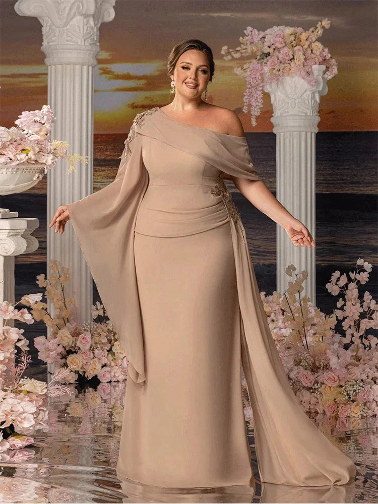 Showlu Fashion apricot chiffon plus size strapless floor-length gown displayed on a hanger.