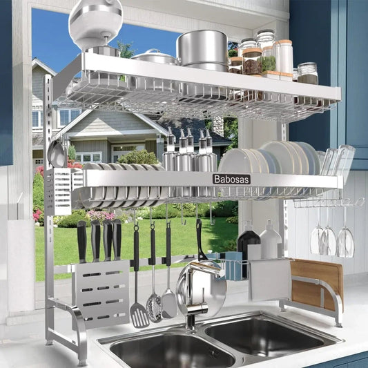 Over The Sink Dish Drainer Drying Rack,3 Tier Adjustable Length (25.5'' to 37.4'') Full Stainless Steel Large Storage Kitchen SHOWLU FASHION STORE