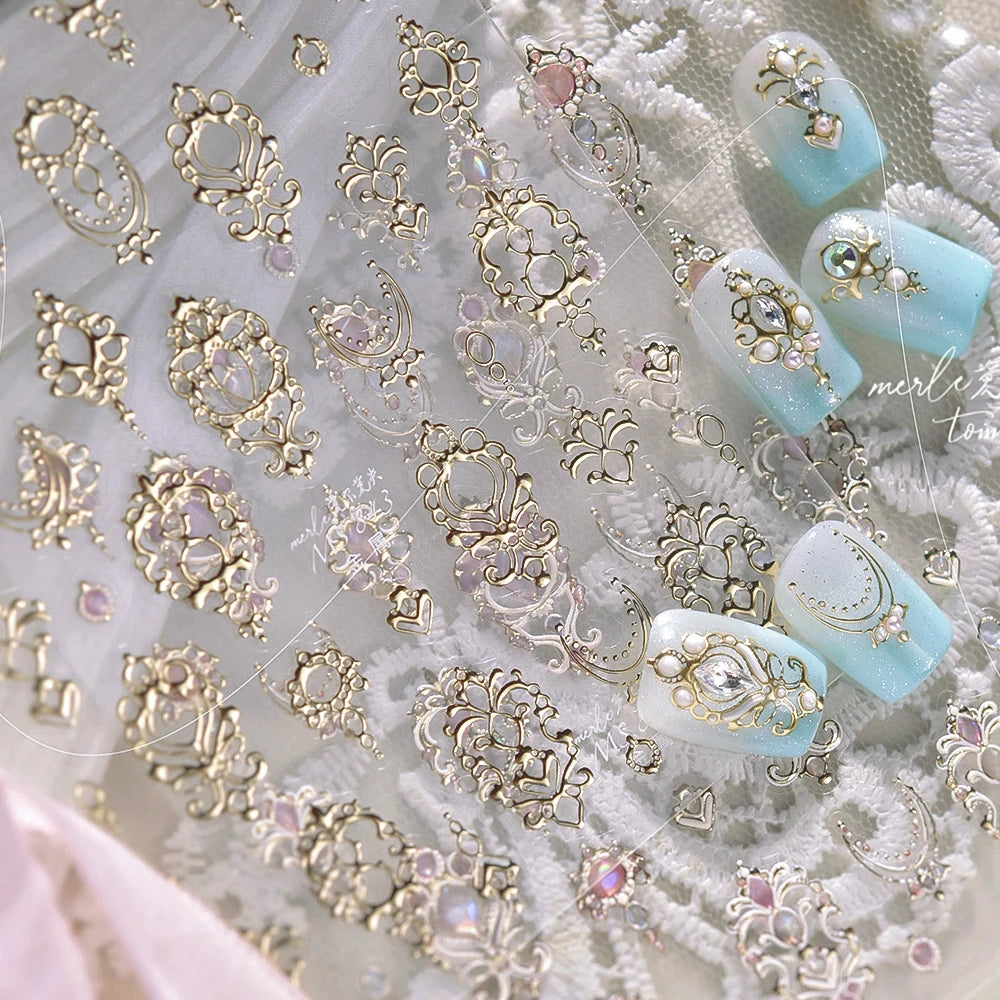 Elegant gold scepter 5D nail art stickers with gemstone pattern, self-adhesive manicure decals for luxurious nail designs.