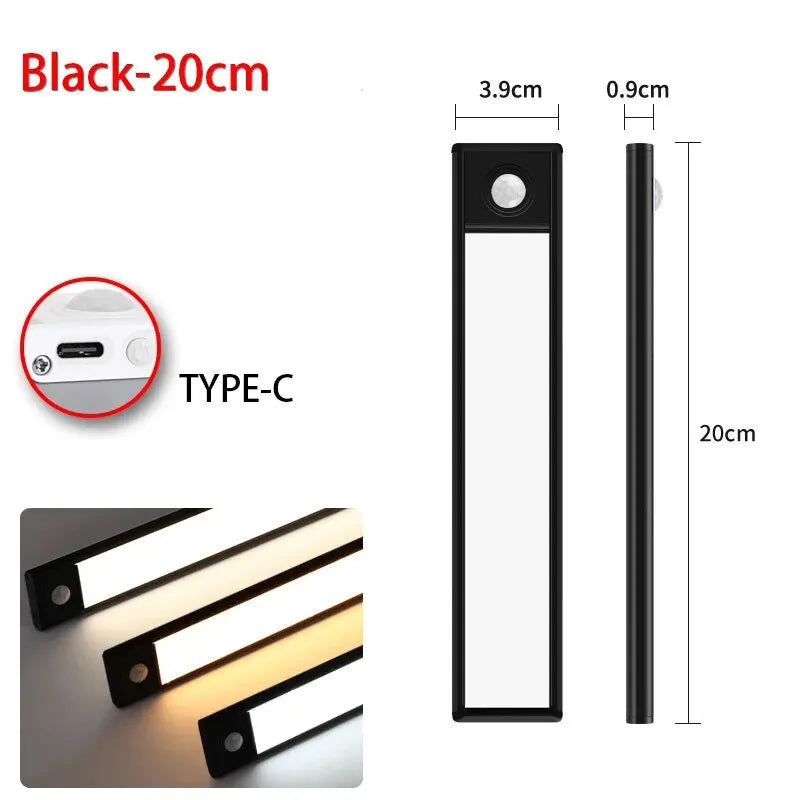 Pzsunly LED motion sensor cabinet light, 50cm USB rechargeable, shown mounted inside a cabinet for automated lighting.