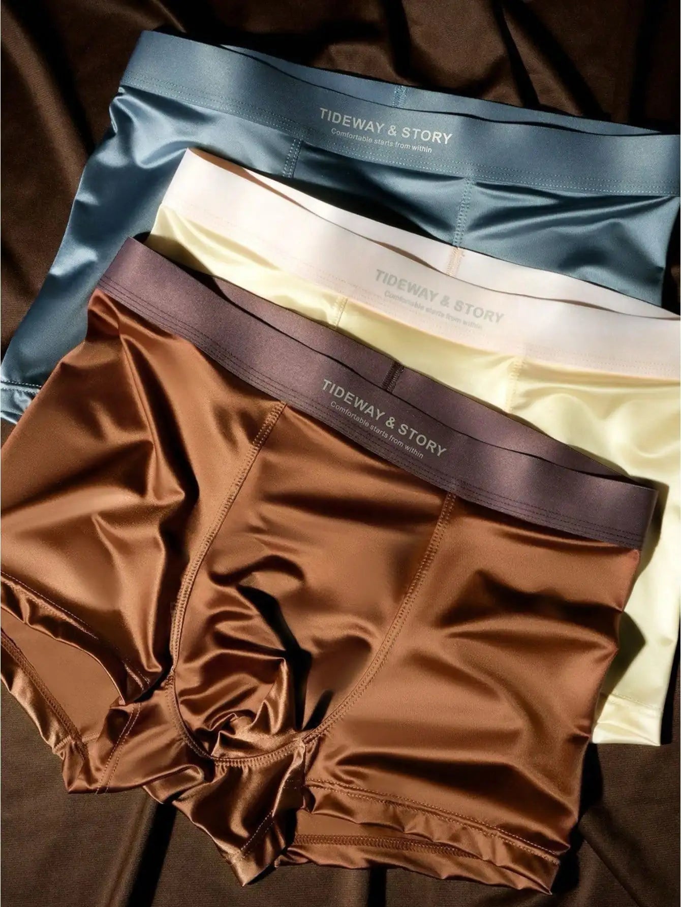 Showlu Men's Ice Silk Boxer Shorts in breathable satin stretch fabric, showcasing smooth, comfortable men's underwear.