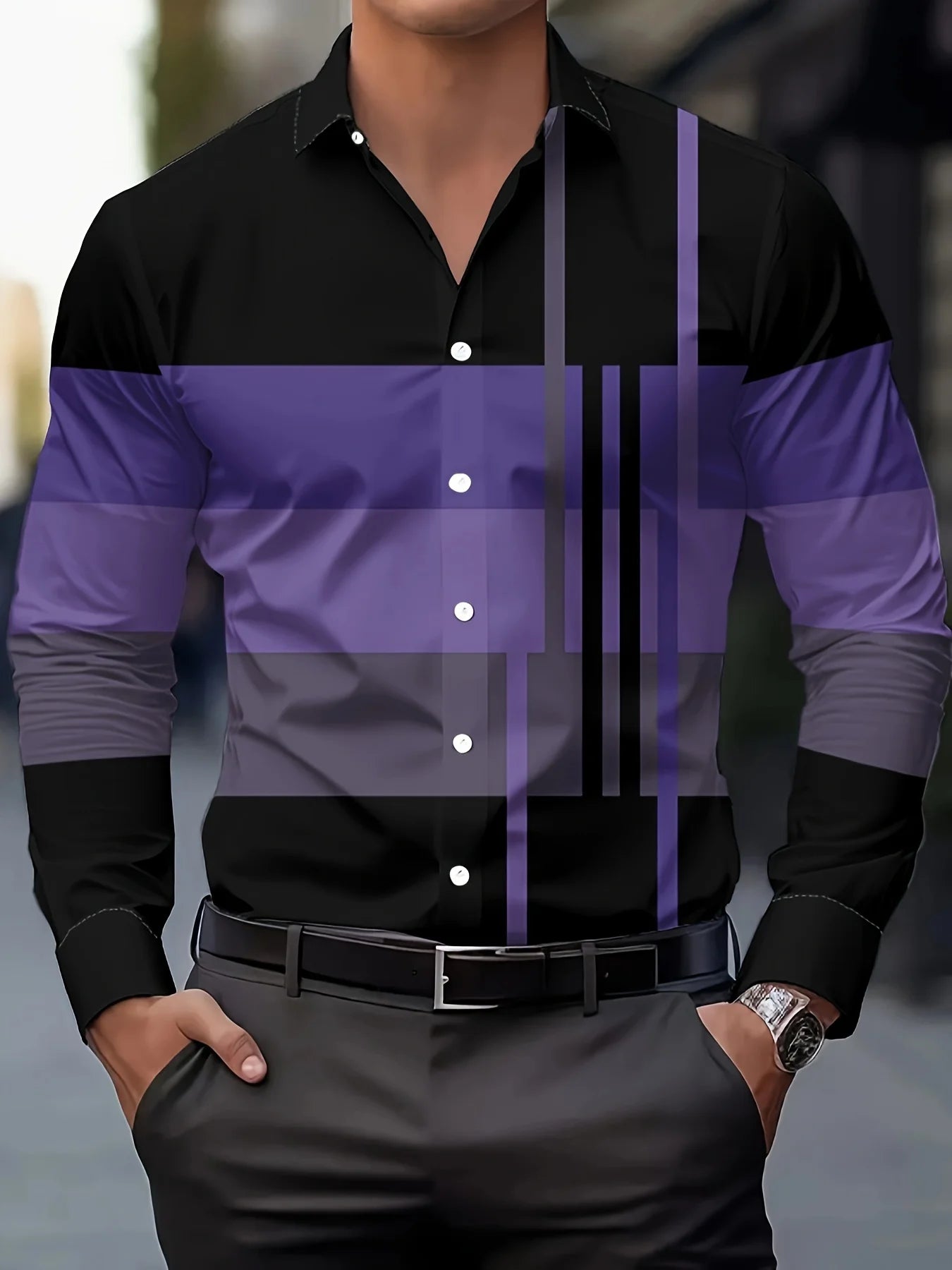 Men's checked long-sleeved casual button-up shirt with striped design from Showlu Fashion, fitted style, high-end men's fashion top.
