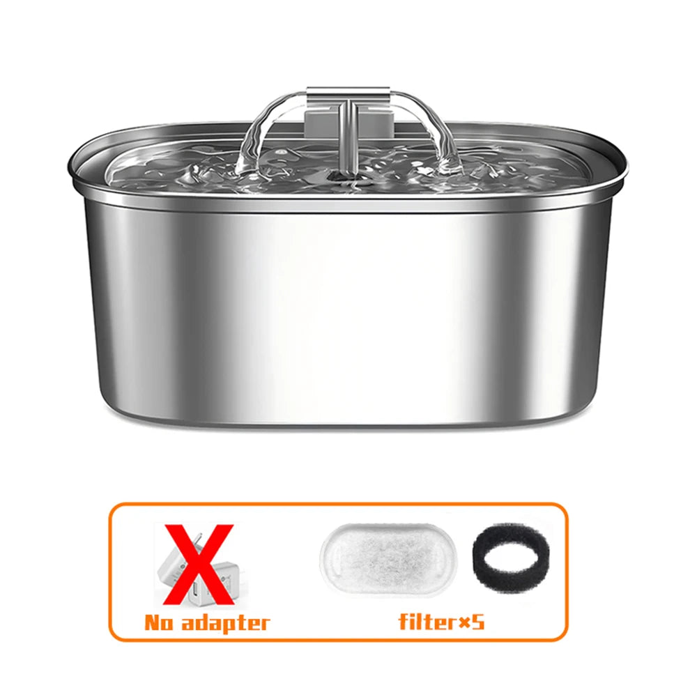 Showlu stainless steel cat water fountain with a pet drinking from it, featuring a quiet, modern pet water dispenser design.