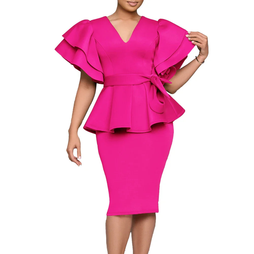 Women's V-neck ruffle sleeve peplum midi dress by SHOWLU FASHION STORE, featuring a fitted bodycon silhouette and elegant design.