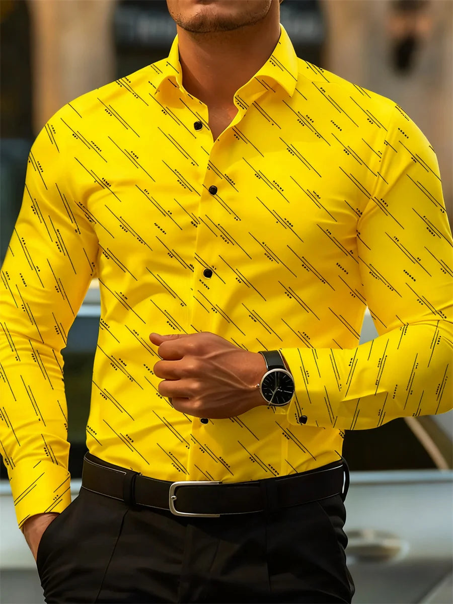 Men's long sleeve shirt with geometric line print, versatile casual and office wear, Showlu Fashion Store.