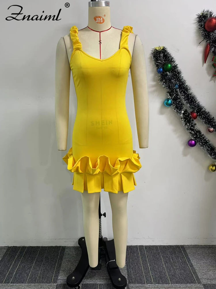 Yellow ruffle bodycon mini dress with spaghetti straps, V-neck, and backless design, perfect for evening and prom events.