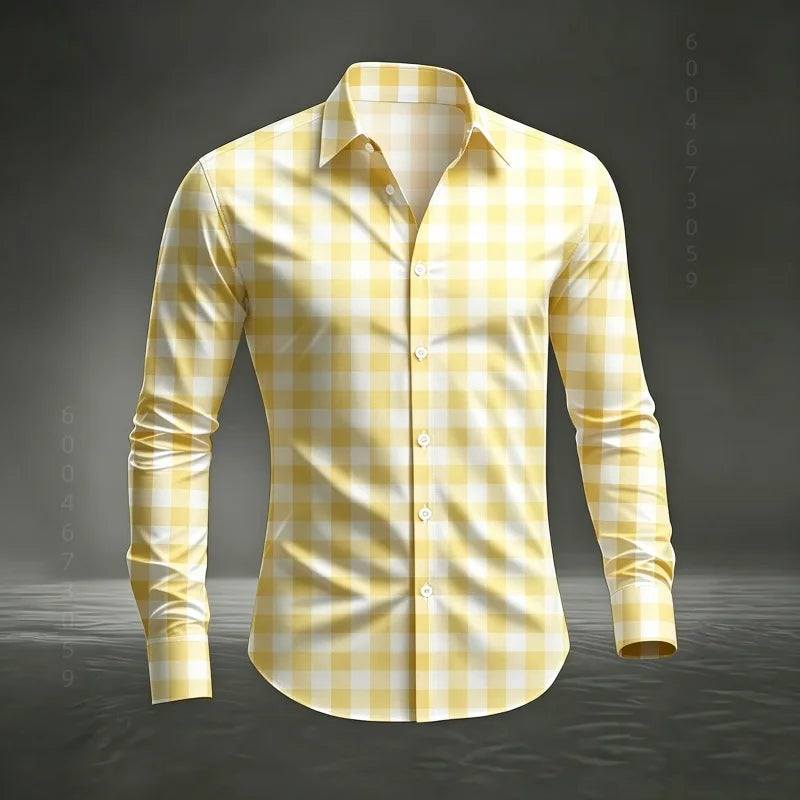 2026 Men's New Classic Plaid Shirt with Plaid Printing, Slim Fit Collar Long Sleeve Shirt, Men's Top, Comfortable Fabric XS-6XL