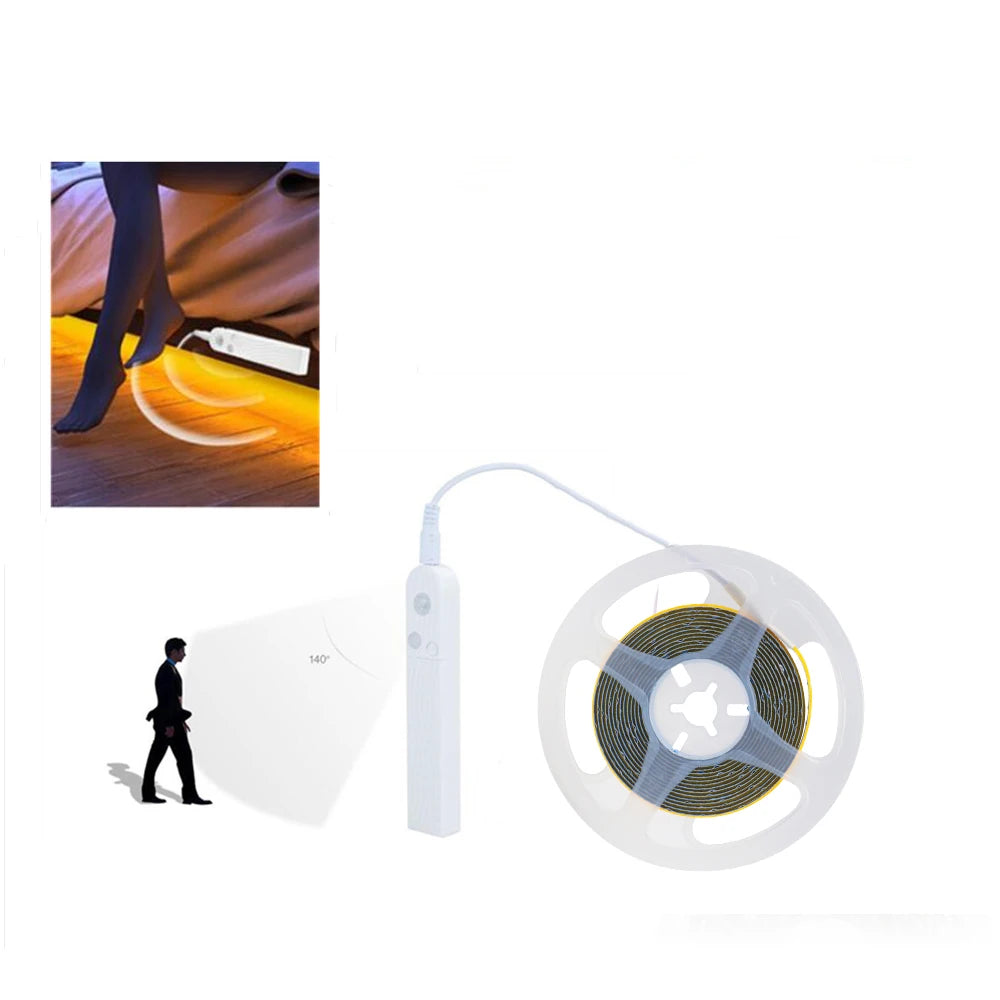 Showlu Smart Motion Sensor LED strip light with 5V USB connection, showing the strip illuminated in a modern home setting.